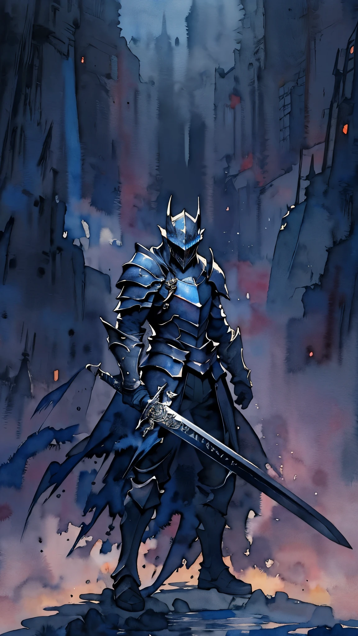 (masterpiece:1.2),(Highest quality),(Very detailedな),(Ultra-high resolution),8K,Vast landscape photography,(Dark Souls Style),((watercolor)),(The Abyss Knight stands),Abyssal Sword,Abyssal Armor,Abyssal Shield,(One person: 1.5),Very detailed,The background is a gradient of black, blue and grey,The very deep darkness,Castle of Darkness,((hands))