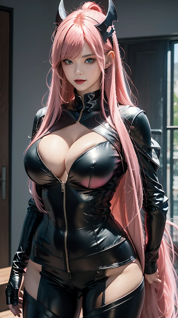 The devil's daughter, with her long pink hair and blunt bangs, stands tall and proud, her colossal tits barely contained by her tight leather outfit. Her bat wings spread out behind her, casting a dark shadow over the room as she surveys her domain with a mischievous glint in her aqua eyes.