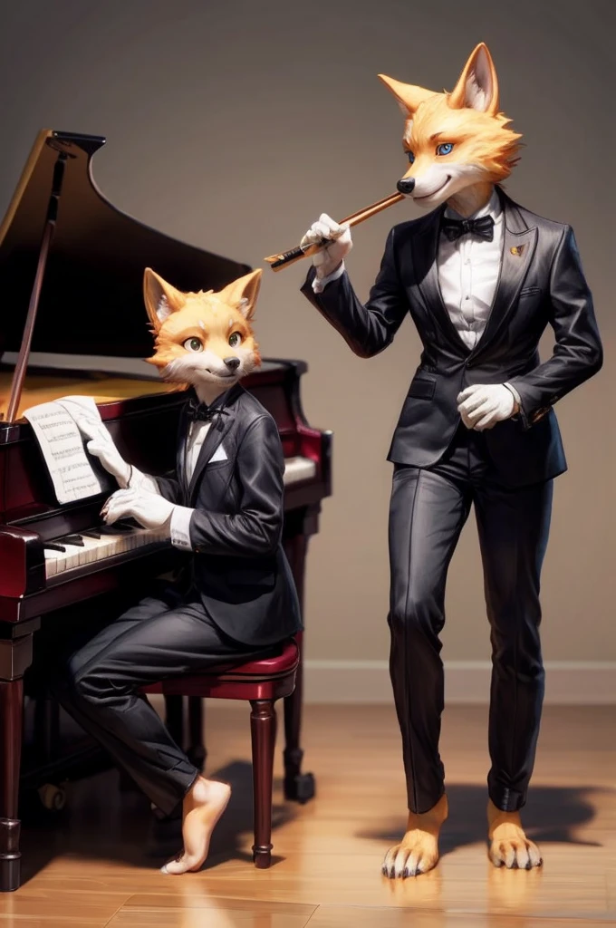 (((Barefoot furry character, full body, furry male, cinematic.))) Passionate beefy old fox music teacher wearing a tailcoat and holding a conductor's baton and young vixen pianist. This fox represents the evil embodiment of music art as a school subject, depicting stereotypes and prejudices towards music teachers. Evil smile, gold colored iris of eyes, claret colored fur. Background is music class. It should include musical notes, sheet music, and instruments like pianos etc. Nice big feet paws. BREAK, detailed background, 8K, (masterpiece:1.5), intricate details, highly detailed, extreme detail, octane render, Professional Photography, fine art, best quality, highres, (detailed face:1.5), ((full_body)), UHD, (((perfect hands)))