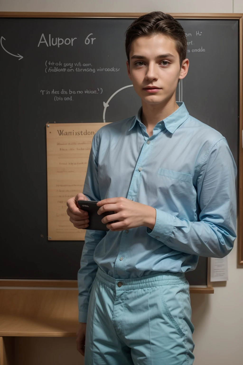 A beautiful young man, a cute male twink, with black hair, a face with reddish make-up, wearing a bright white long-sleeved shirt and aqua blue pants. He is in his office, and behind him is a blackboard on which is written the shape of the brain and its anatomy, and nuclear energy comes out of it, and he looks on proudly.