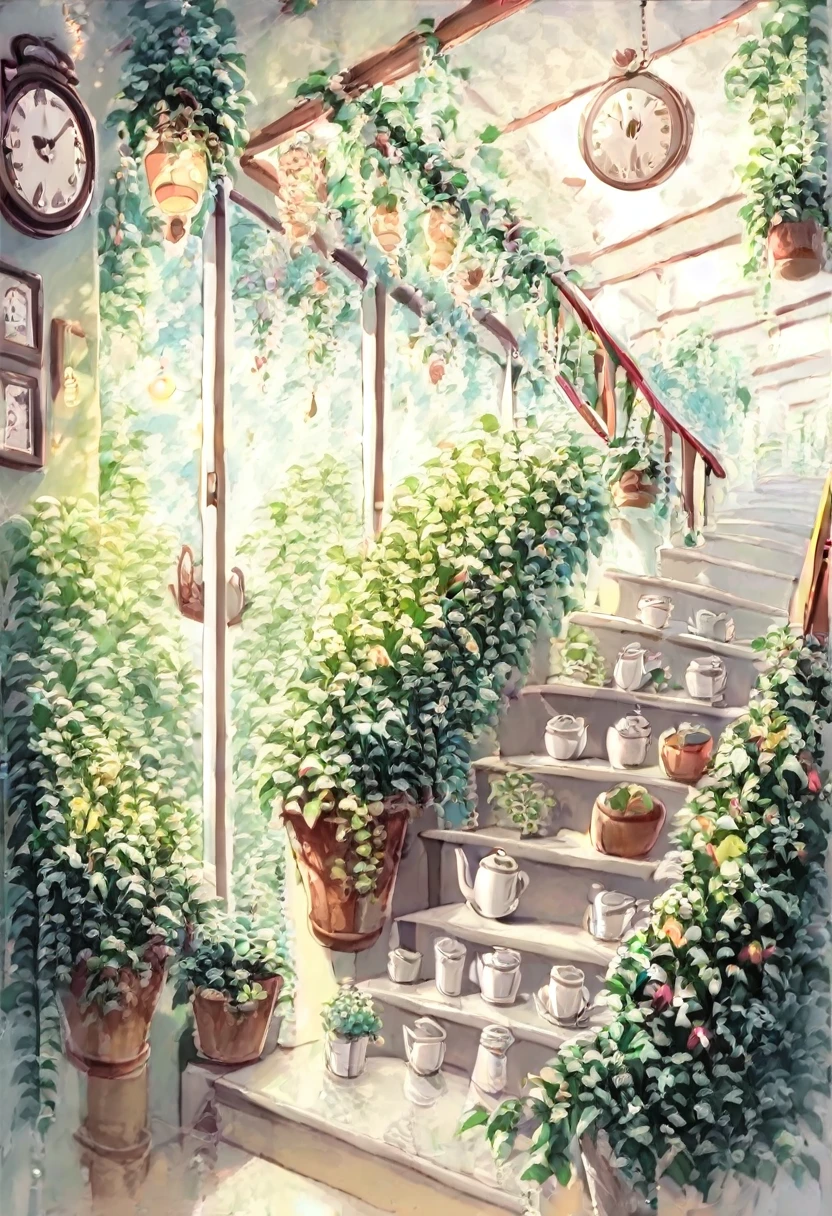 ((The interior of the cafe with soft light shining in)), (There are many antique tables and chairs), ((Clock, houseplants, stairs, hanging L lights, (cafe supplies:1.2), shelves with coffee beans)).((reflect))