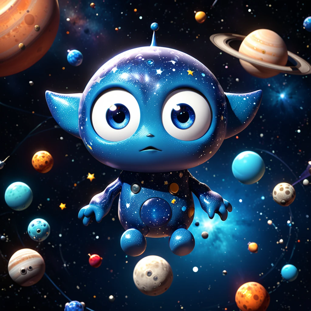 [うちゅう]
A cute space monster with big eyes and a starry body, floating among the planets and stars. The cartoon character is designed in the style of Pixar animation studio, created using C4D software. It has an adorable dark blue and white color scheme and showcases a curious expression as it explores the universe. --ar 1:1 --v 6.0 --3D render