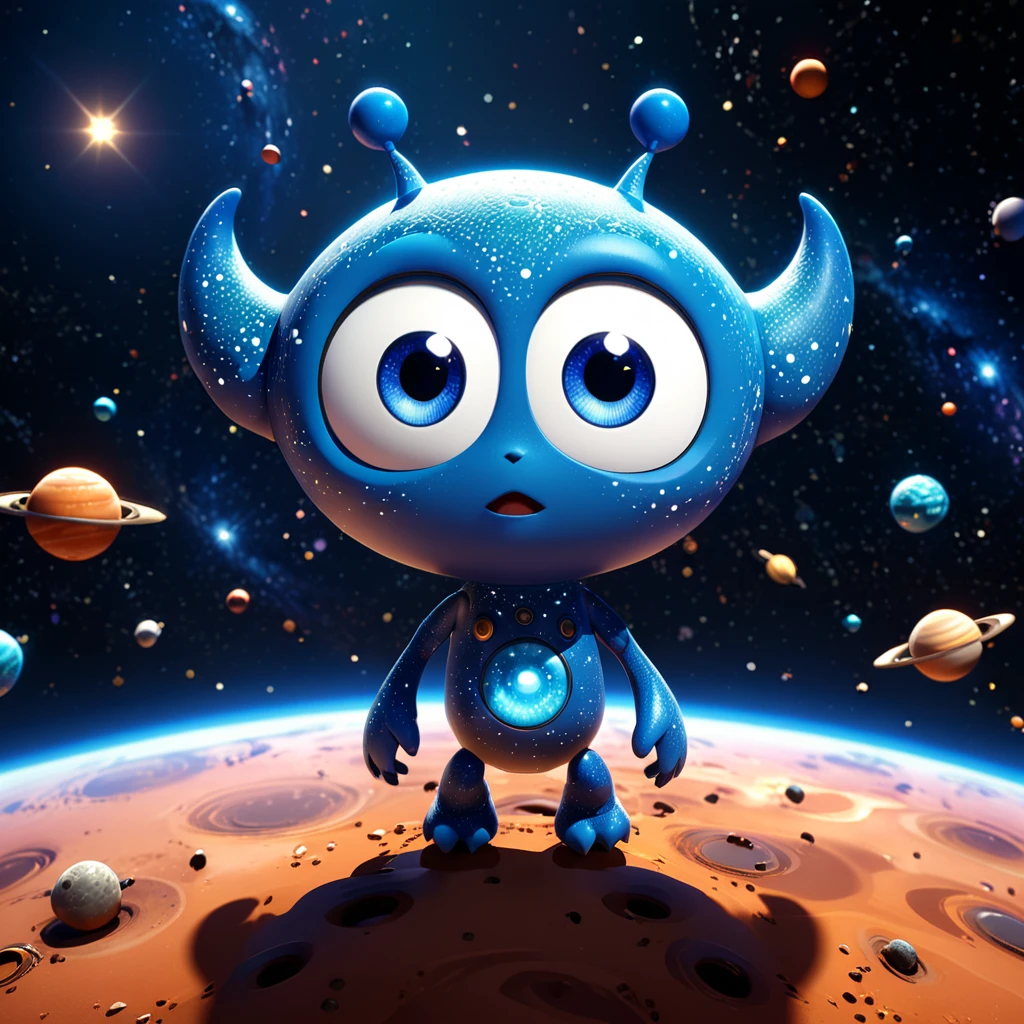 [うちゅう]
A cute space monster with big eyes and a starry body, floating among the planets and stars. The cartoon character is designed in the style of Pixar animation studio, created using C4D software. It has an adorable dark blue and white color scheme and showcases a curious expression as it explores the universe. --ar 1:1 --v 6.0 --3D render