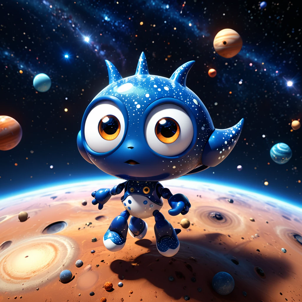 [うちゅう]
A cute space monster with big eyes and a starry body, floating among the planets and stars. The cartoon character is designed in the style of Pixar animation studio, created using C4D software. It has an adorable dark blue and white color scheme and showcases a curious expression as it explores the universe. --ar 1:1 --v 6.0 --3D render