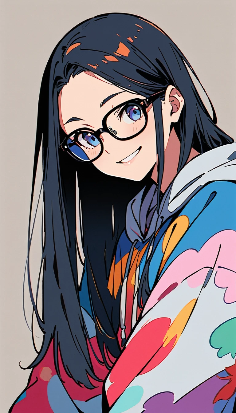 masterpiece, Highest quality, Movie stills、image、Painting、Portraiture、Digital Art、An illustration、Cartoon simple background、Gray background、Simple clothing、20 year old girl、Facing forward、smile、Long Hair、Straight Hair、wearing black glasses、Put on big, thick glasses、Wearing a hoodie
