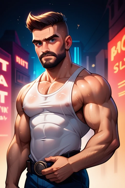 45 year old man(cobalt eyes; salt-and-pepper crew cut; epic square jawline; rough; rugged; muscular and imposing; incredible beard; masculine; round-faced, Kurt Russell), Disney-style cgi, futuristic; dystopian; best quality; high detail; trending on artstation; complex volumetric lighting; grungy white tank top; 80s action hero; sweaty; grimy; upper body shot; cop who plays by his own rules; holding up a blaster in a neon-lit bar