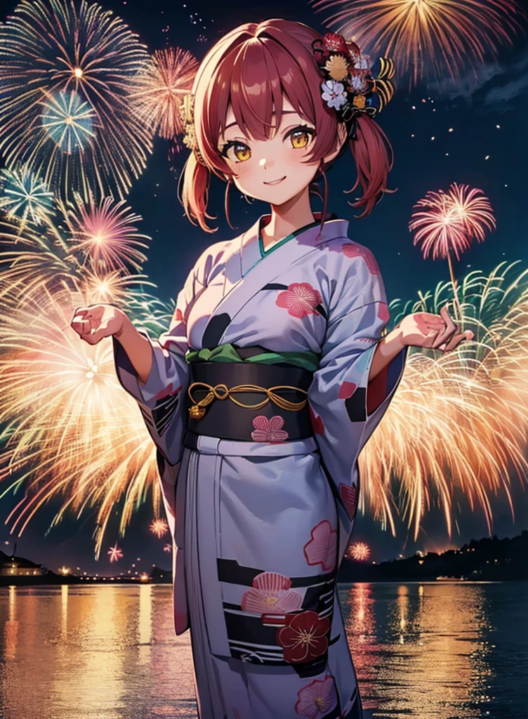 (masterpiece, Highest quality, Super detailed),One girl,(Red-haired twin tails,Odd Eye、Red Eye,Yellow Eyes:1.1),((super fine illustration)),((cute eyes,highly detailed skin)),((smile)),(well endowed,Blessed,Captivating body、Detailed Background)、(yukata:1.5),firework,(大量のfirework,Night view,Ocean)、Festivals