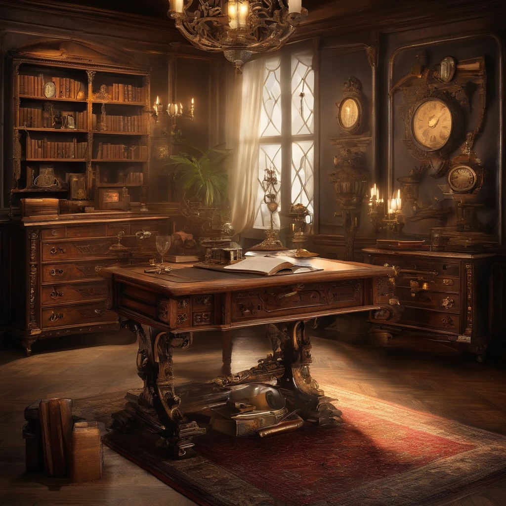 A lovely study room,There was a cup of coffee on the table,There are a lot of decorations, Pictures and books,There is also an open window,You can enjoy the night view under the starry sky,There are no characters in the room,The bookshelves are gorgeous,Sunlight was shining through the room,The room was warm and bright,Full of life