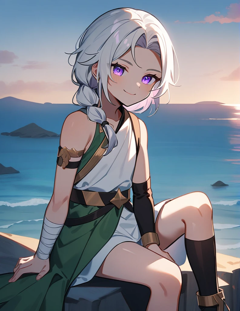 young Greek warrior with shoulder-length long white hair, violet eyes, with one arm bandaged, sitting on a hill facing the ocean and giving a small smile