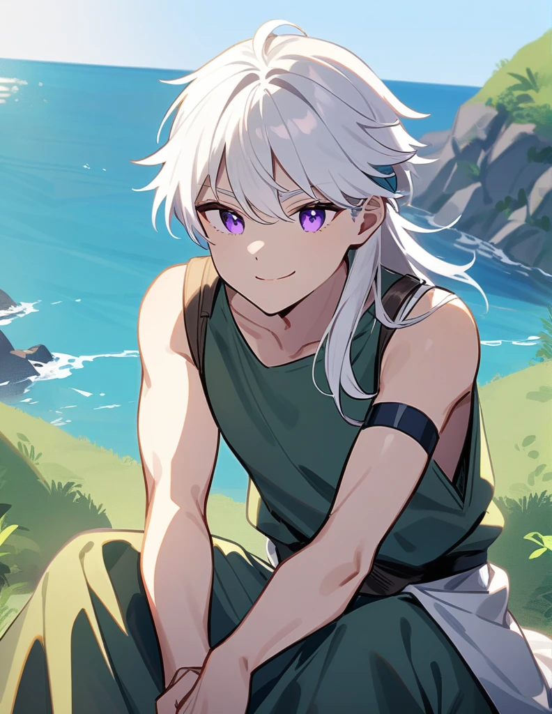 young Greek warrior with shoulder-length long white hair, violet eyes, with one arm bandaged, sitting on a hill facing the ocean and giving a small smile