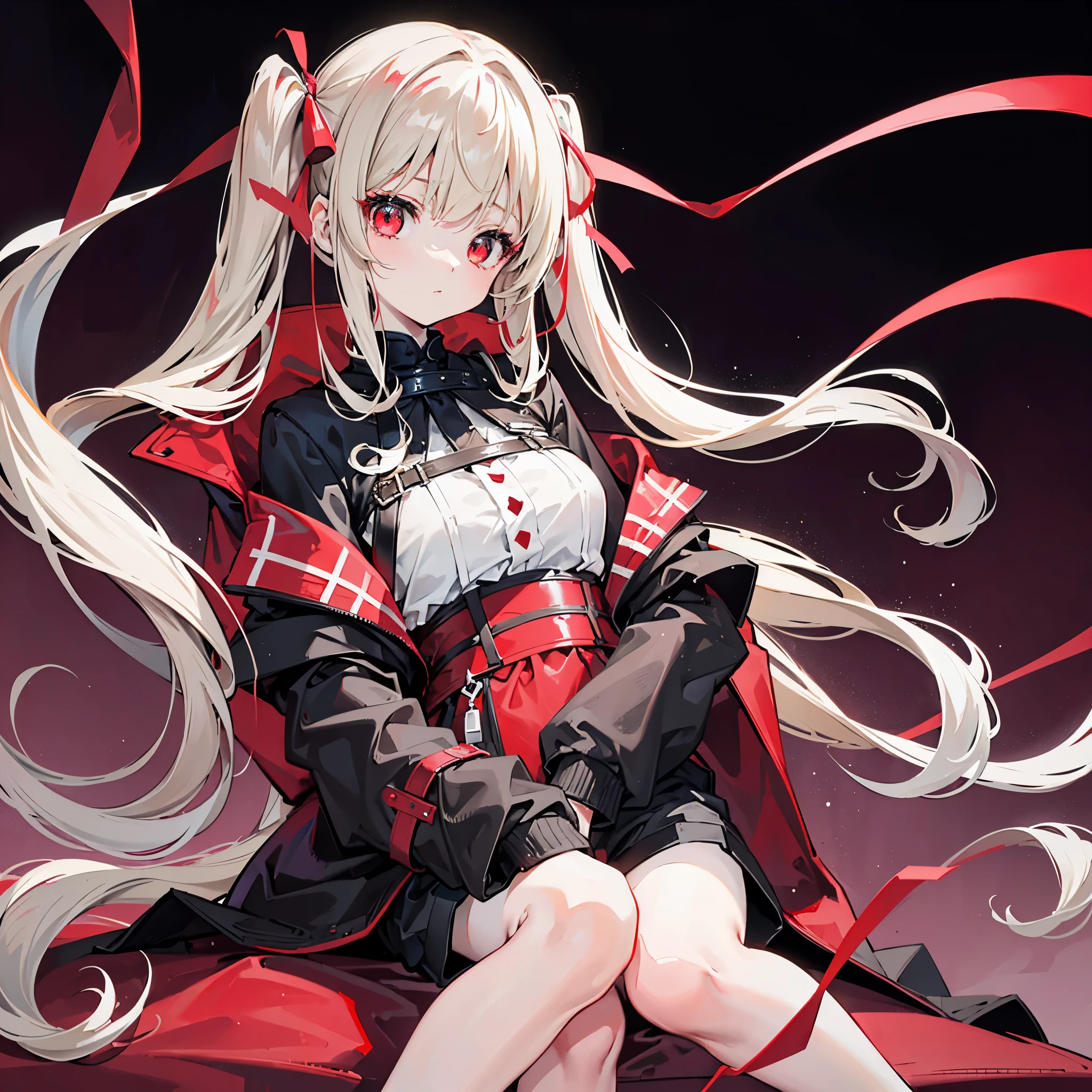 One girl、Hair colorbeige、Red eyes、Twin tails、Long Hair、Simple hair ribbon、Monochrome clothes、Large coat、Black gloves、Simple background、Shorts、Sitting in a big red chair