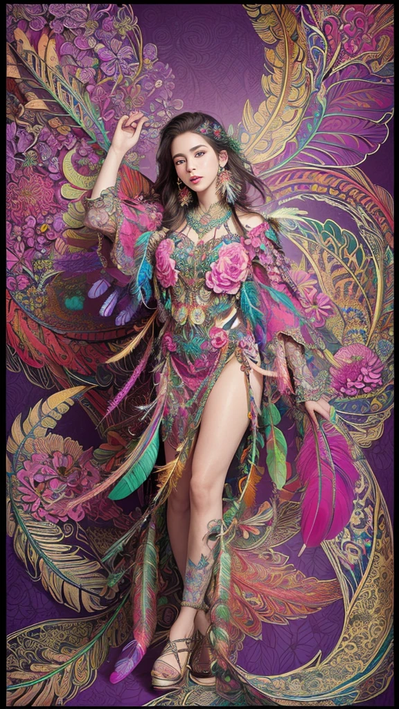(masterpiece, top quality, best quality, official art, beautiful and aesthetic:1.2), (1girl:1.3), extremely detailed,(fractal art:1.1),(colorful:1.1)(flowers:1.3),highest detailed,(zentangle:1.2), full body, (abstract background:1.3), (shiny skin), (many colors:1.4), ,(earrings), (feathers:1.5),
