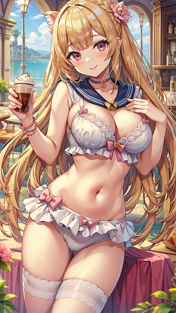 Masterpiece、Highest quality、Super detailed、1 girl、Big Tits、Cleavage、Blonde、Fluffy and soft long hair、Pink bristles、Sailor suit、bra、underwear、Cafe、Light of the sun、smile、choker、Pink Lipstick、garter、Belly button