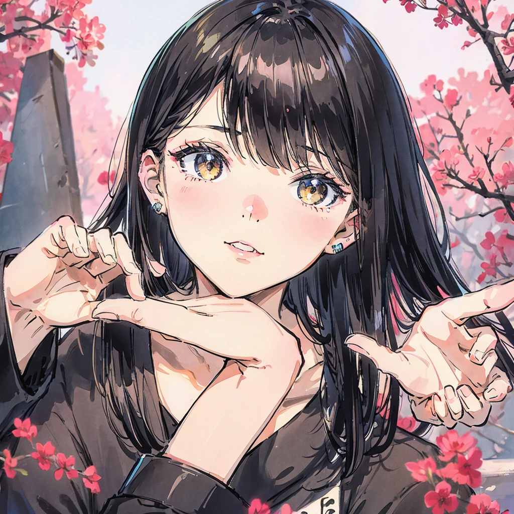 Cute girl, black hair, peace sign, hush cut