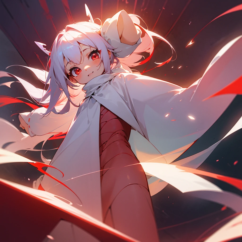 cute , (transformation sequence), transform magical girl, chibi, white magical girl, fractal art, Albino, baby face, long pure white and red mesh hair, beautiful detailed red eyes, cinema lighting, cowboy shot, looking at viewer, from below, happy, naked