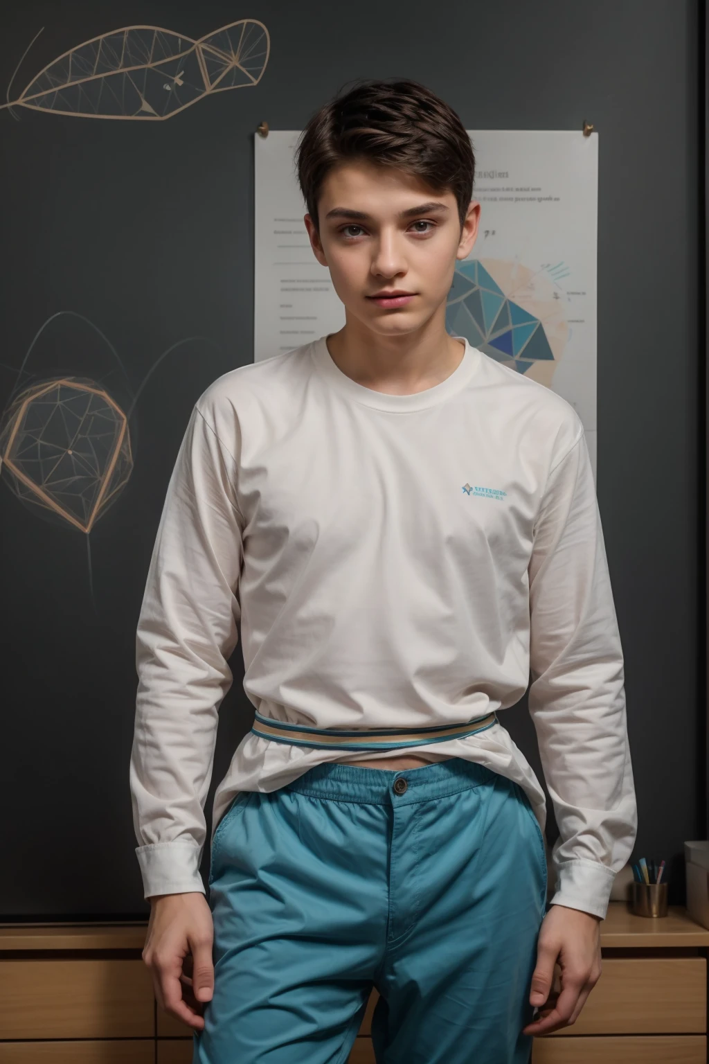 A beautiful young man, a cute male twink, with black hair, a face with reddish make-up, wearing a bright white long-sleeved shirt and aqua blue pants. He is in his office, and behind him is a blackboard on which is written the shape of the brain and its anatomy, and nuclear energy comes out of it, and he looks on proudly.