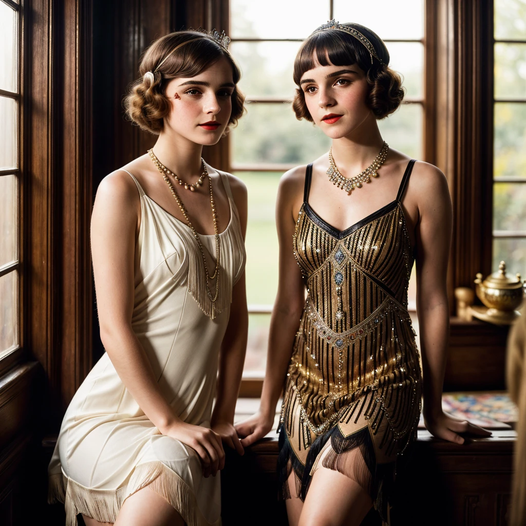 (best quality, 8k, high-res, masterpiece:1.2),ultra-detailed,(photo-realistic:1.37), ((best quality)), ((masterpiece)), (detailed), ((perfect face)), ((pretty 20-year-old Emma Watson with a subtle smile)), ((2 flapper girls from the 1920s looking out at the viewer)), ((1920s shin-length extravagant colourful tasselled flapper dress)), ((1920s style head dress)), ((standing in an artists studio with natural sunlight)), ((white stockings)), ((1920s ultra-short tight-bobbed hair style curling in towards her cheeks)), ((1920s makeup)), ((dark makeup around her eyes)), ((dark red lipstick)), full body,