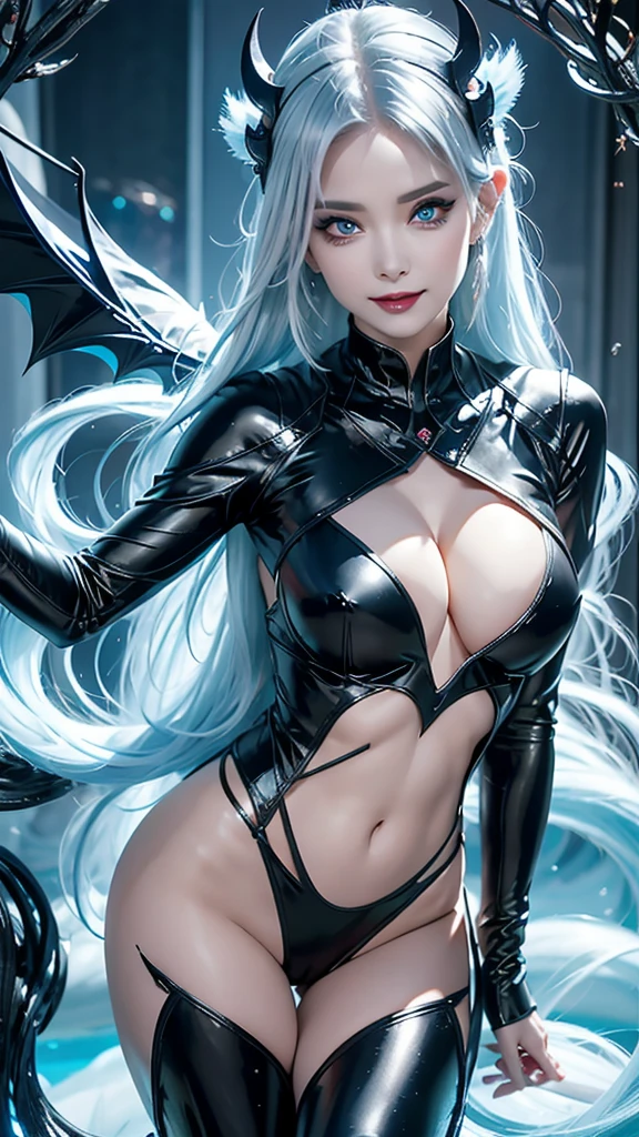 With her silver hair and aqua eyes, the succubus exudes an otherworldly beauty. Her long eyelashes flutter as she looks down at the viewer, her bat wings spread out behind her in a display of power. Her devil's tail swishes back and forth, a playful smirk on her lips as she beckons the viewer closer with a single finger.