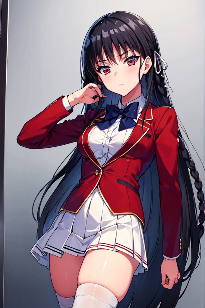 (masterpiece, best quality:1.5), (ultra detailed:1.2), super fine illustration, perfect anatomy, 8k portrait, (cowboy shot:1.2), 
1girl,
Suzune Horikita, 
Suzune Horikita \(youjitsu\),
long hair, braid, 
black hair, 
(red eyes, slant eyes, small eyes), 
blue bow, 
medium breasts, 
red jacket, pleated white skirt, black thigh-high socks,
looking at viewer, 
perfect light, background of indoors, 