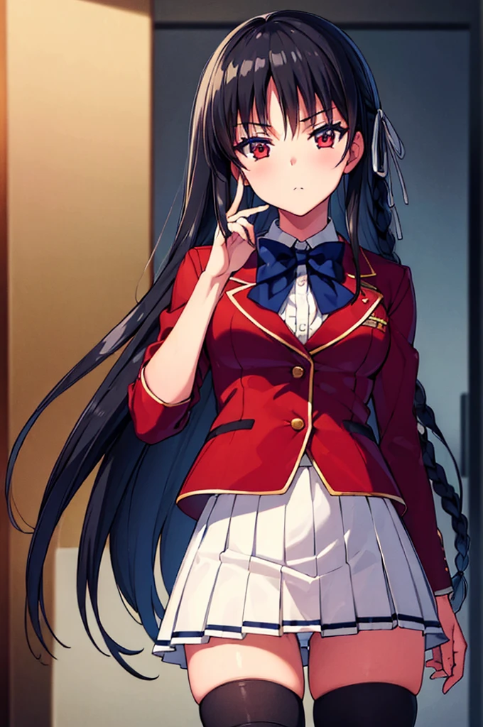 (masterpiece, best quality:1.5), (ultra detailed:1.2), super fine illustration, perfect anatomy, 8k portrait, (cowboy shot:1.2),
1girl,
Suzune Horikita,
Suzune Horikita \(youjitsu\),
long hair, braid,
black hair,
(red eyes, slant eyes, small eyes),
blue bow,
medium breasts,
red jacket, pleated white skirt, black thigh-high socks,
looking at viewer,
perfect light, background of indoors,