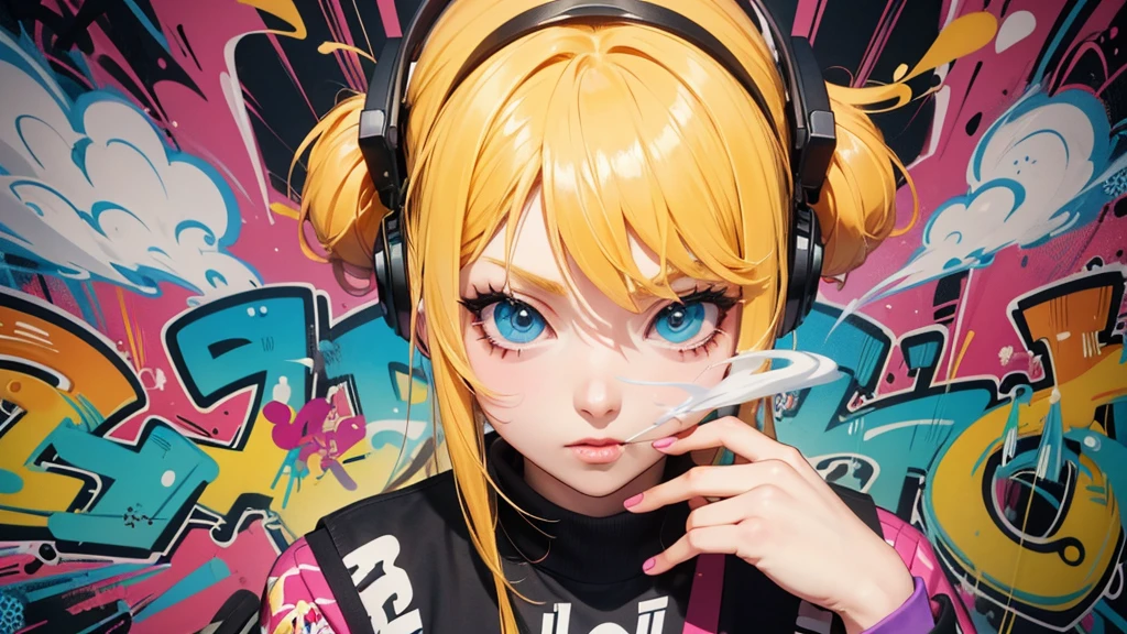 art poster, extra close-up, graffiti DJ's girl dance on a chair with a DJ's girl in her hand, graffiti art inspired by Tadanori Yokoo, pixiv, shock art, vivid colorful comic style, graffiti _ background ( smoke ), striking manga artstyle, anime style 4 k, graffiti art style, vibrant cartoon art, vivid colorful comics style, 2 d anime style, graffiti style, in graffiti style