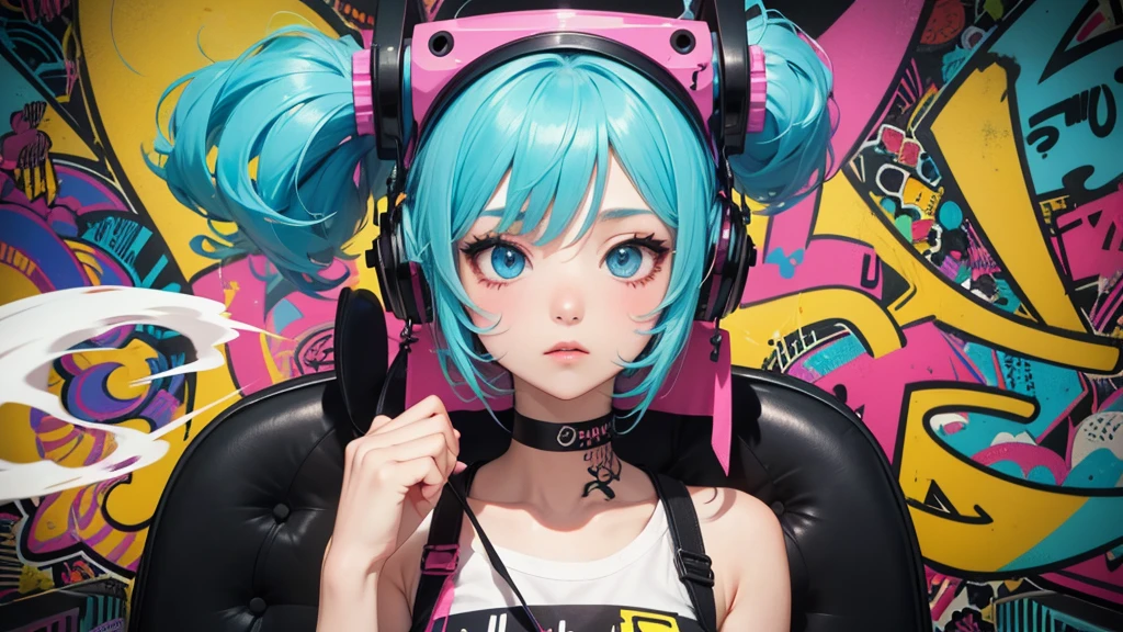 art poster, extra close-up, graffiti DJ's girl dance on a chair with a DJ's girl in her hand, graffiti art inspired by Tadanori Yokoo, pixiv, shock art, vivid colorful comic style, graffiti _ background ( smoke ), striking manga artstyle, anime style 4 k, graffiti art style, vibrant cartoon art, vivid colorful comics style, 2 d anime style, graffiti style, in graffiti style
