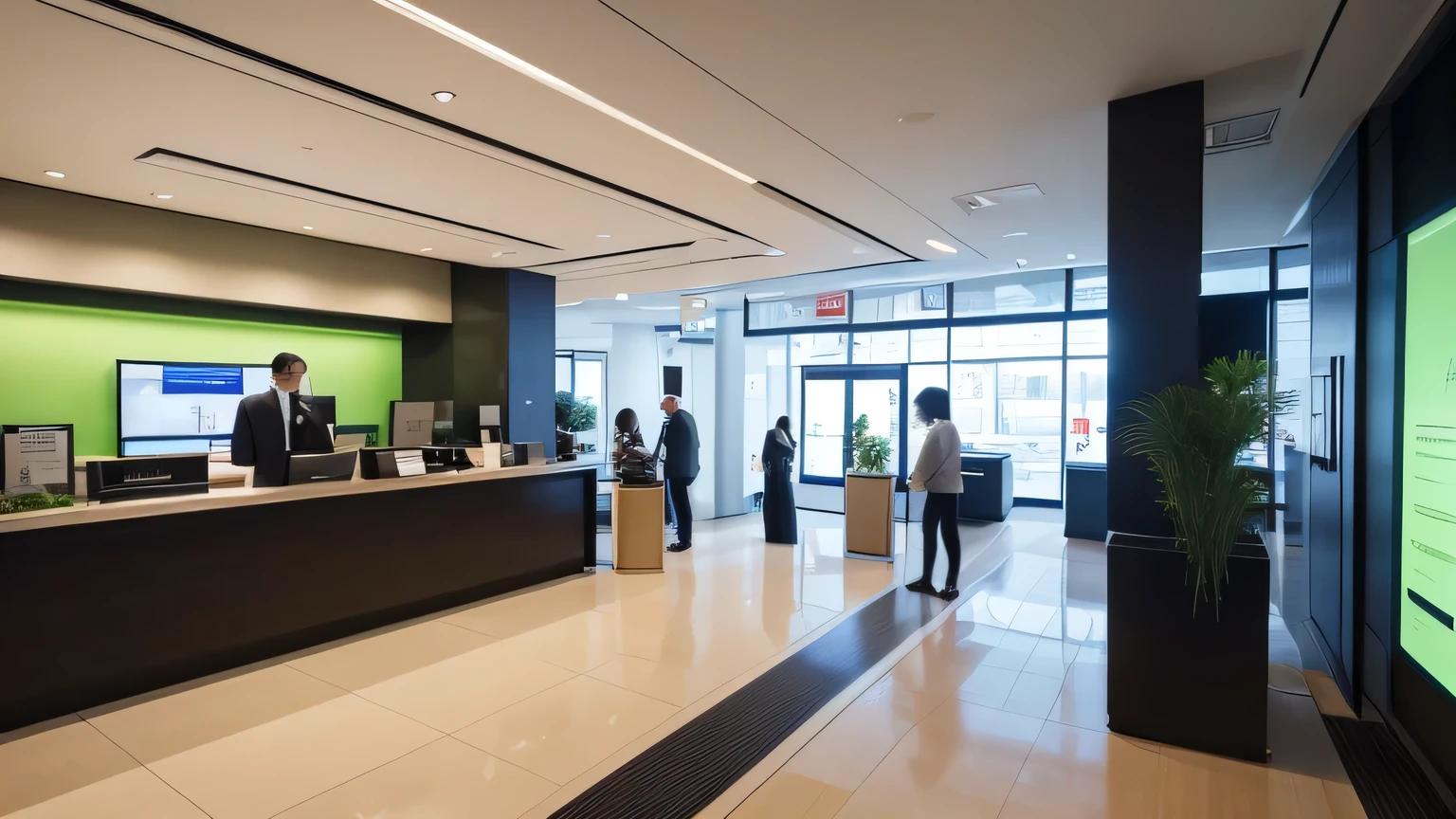 Interior of a modern Japanese bank, featuring contemporary design elements. Bank staff and customers interacting at the reception counters, with digital displays showing various banking information. The space includes potted plants, creating a welcoming atmosphere. The environment is clean and organized, with subdued lighting providing a calm ambiance. The layout is spacious, ensuring a comfortable experience for customers.