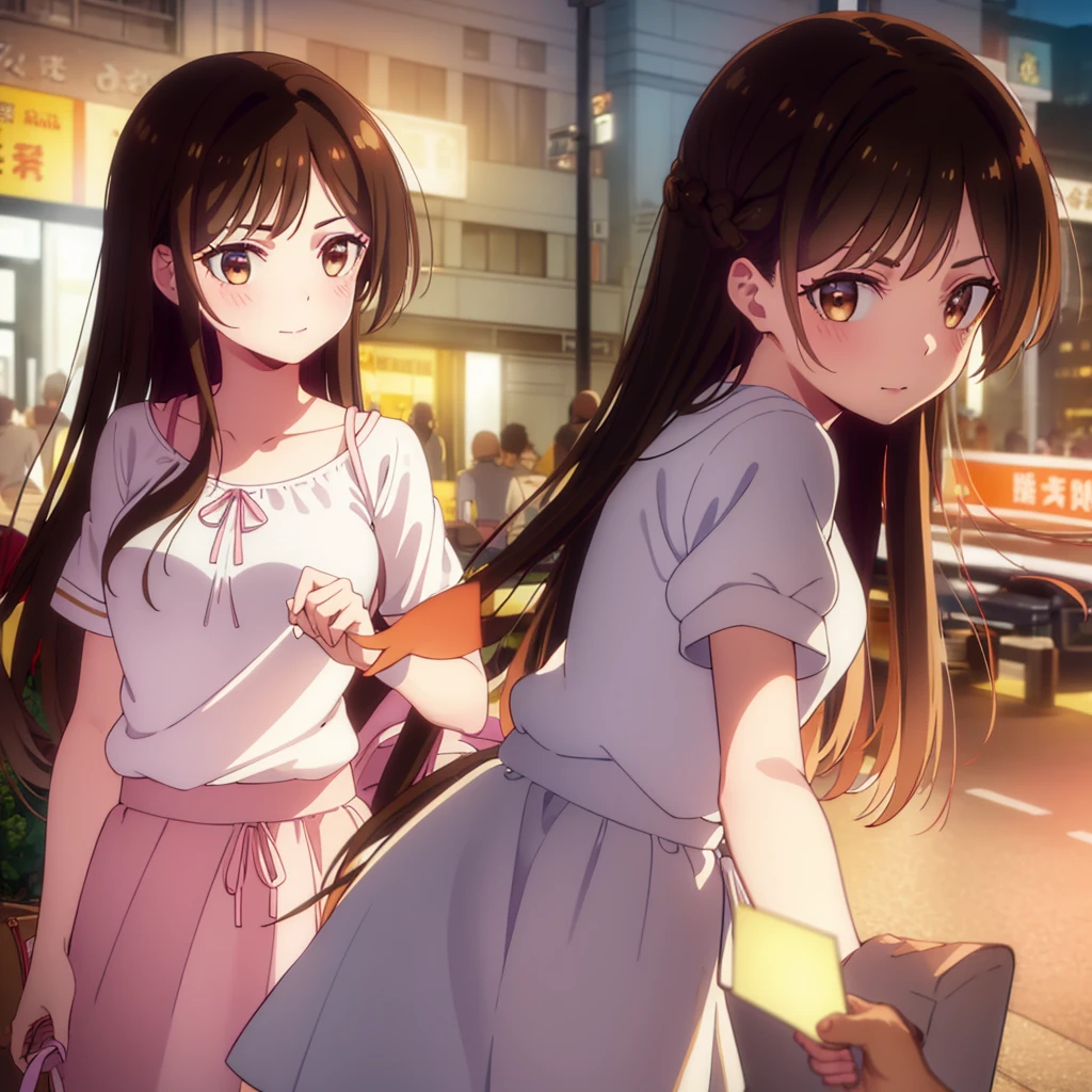mizuharachizuru, chizuru ichinose, long hair, bangs, brown hair, (brown eyes:1.5), one side up, smile,
BREAK skirt, shirt, short sleeves, puffy sleeves, puffy short sleeves, white skirt, pink shirt,
BREAK outdoors, city, cityscape, crowd, people,
BREAK looking at viewer, (cowboy shot:1.5),
BREAK (masterpiece:1.2), best quality, high resolution, unity 8k wallpaper, (illustration:0.8), (beautiful detailed eyes:1.6), extremely detailed face, perfect lighting, extremely detailed CG, (perfect hands, perfect anatomy),