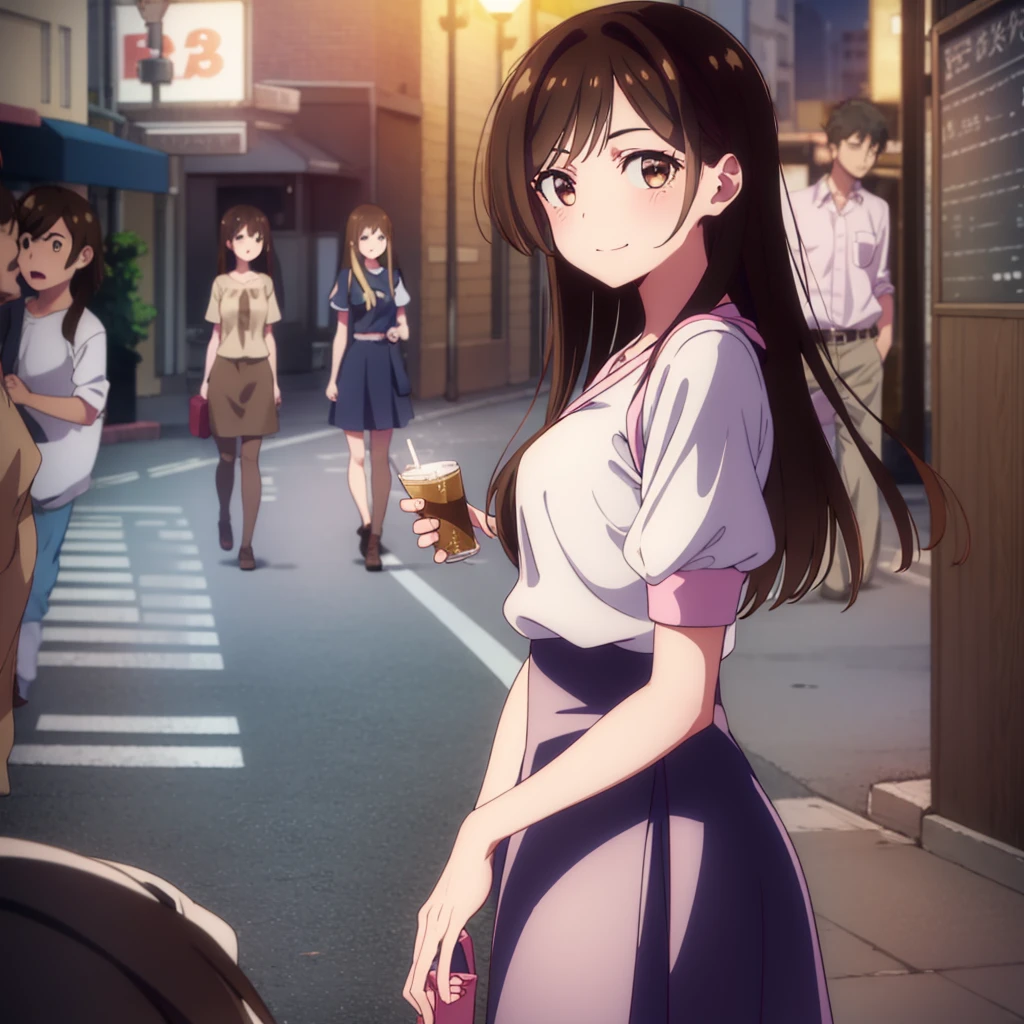 mizuharachizuru, chizuru ichinose, long hair, bangs, brown hair, (brown eyes:1.5), one side up, smile,
BREAK skirt, shirt, short sleeves, puffy sleeves, puffy short sleeves, white skirt, pink shirt,
BREAK outdoors, city, cityscape, crowd, people,
BREAK looking at viewer, (cowboy shot:1.5),
BREAK (masterpiece:1.2), best quality, high resolution, unity 8k wallpaper, (illustration:0.8), (beautiful detailed eyes:1.6), extremely detailed face, perfect lighting, extremely detailed CG, (perfect hands, perfect anatomy),