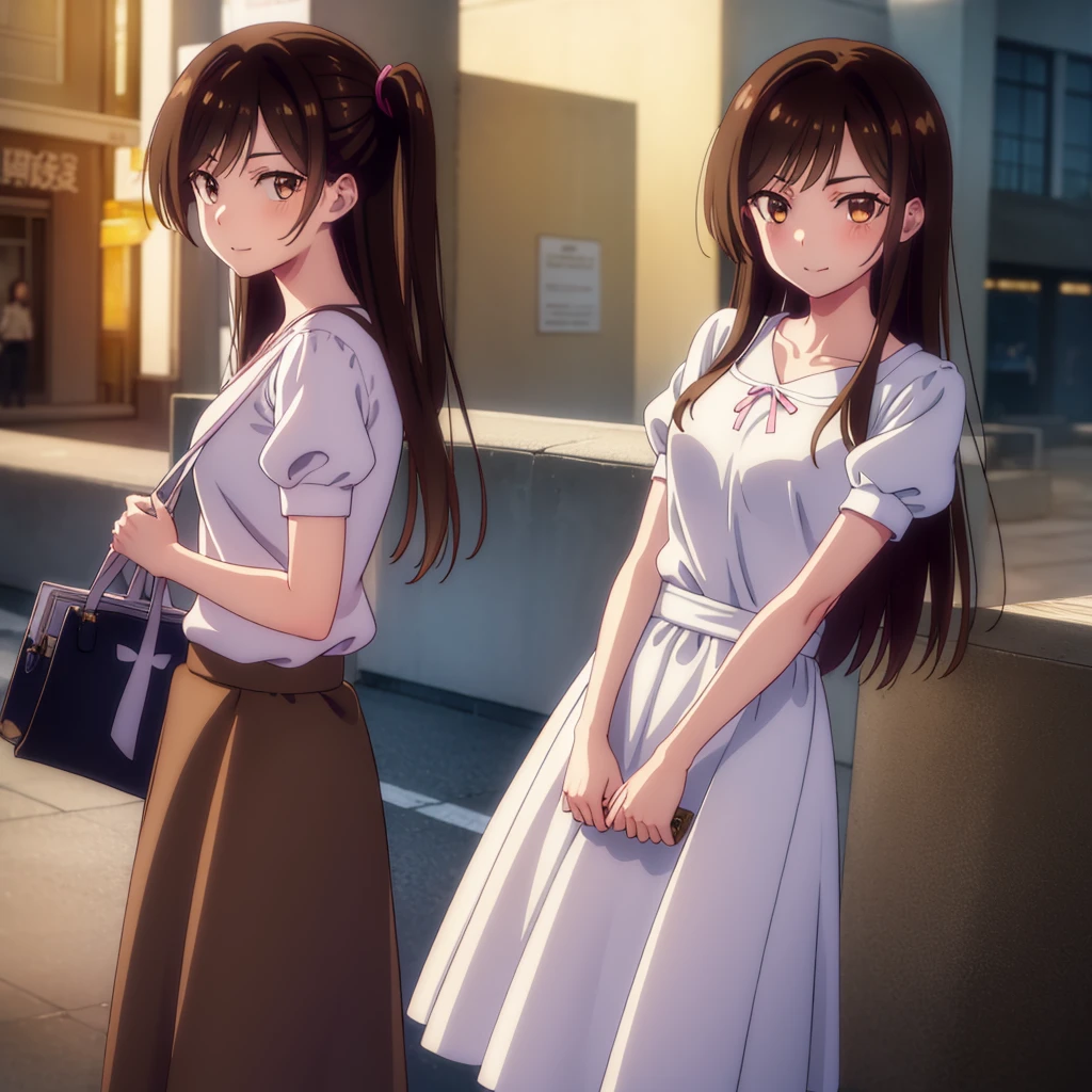 mizuharachizuru, chizuru ichinose, long hair, bangs, brown hair, (brown eyes:1.5), one side up, smile,
BREAK skirt, shirt, short sleeves, puffy sleeves, puffy short sleeves, white skirt, pink shirt,
BREAK outdoors, city, cityscape, crowd, people,
BREAK looking at viewer, (cowboy shot:1.5),
BREAK (masterpiece:1.2), best quality, high resolution, unity 8k wallpaper, (illustration:0.8), (beautiful detailed eyes:1.6), extremely detailed face, perfect lighting, extremely detailed CG, (perfect hands, perfect anatomy),