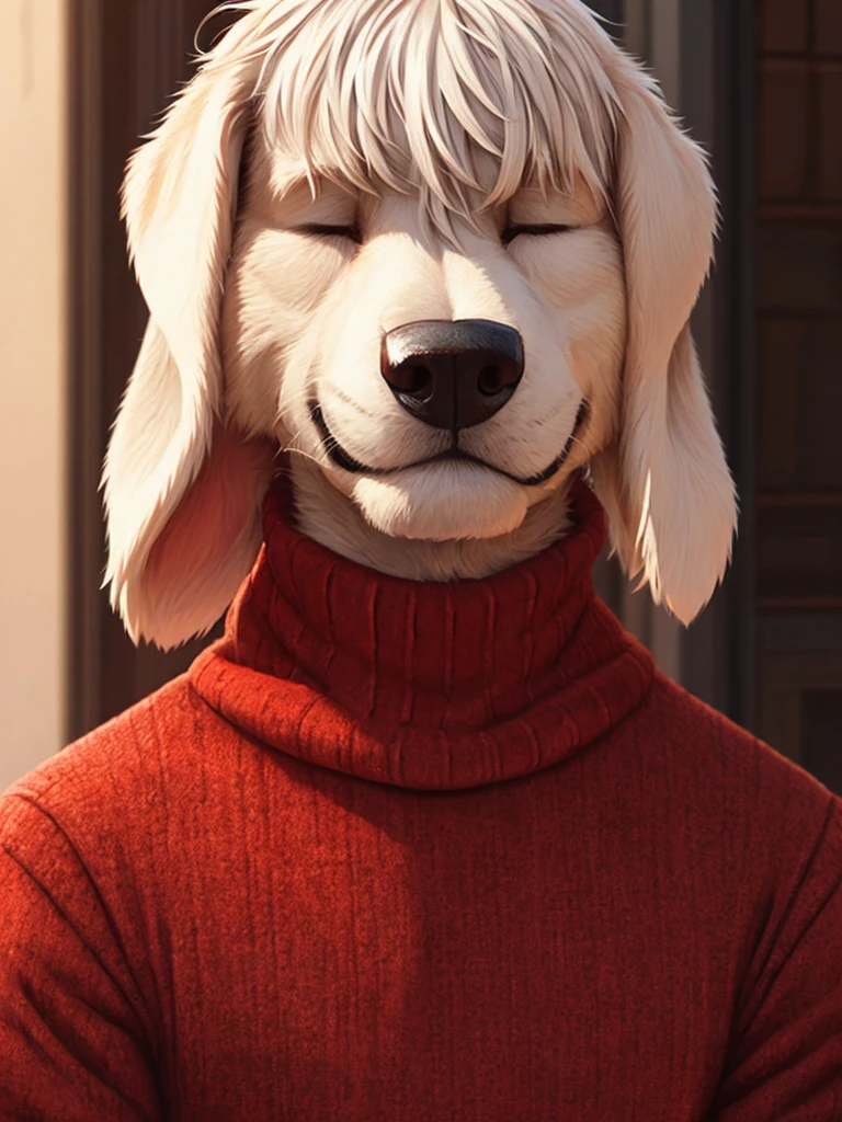 happy male white dog with floppy ears, white hair covering eyes, red sweater, black jeans, 8k, high detail, film grain, semi realistic