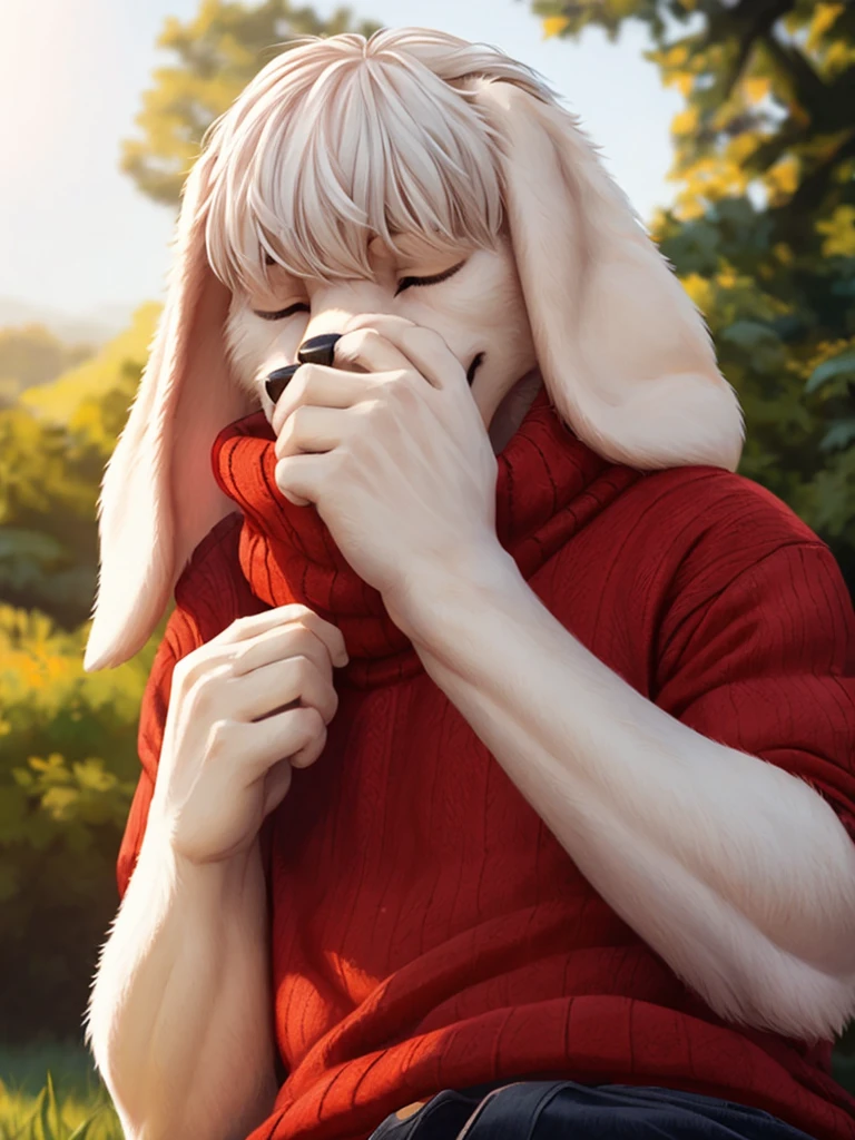 happy male white dog with floppy ears, white hair covering eyes, red sweater, black jeans, 8k, high detail, film grain, semi realistic