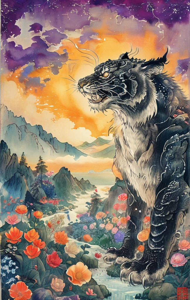 A white dragon lies in the middle of an endless field full of purple flowers, surrounded by snow-capped mountains and a blue sky sparkling with golden sunset rays. The whole scene is filled with a dreamy atmosphere, with vibrant colors and detailed background elements rendered in high resolution and detailed in a top quality illustration style. A girl with black hair and white eyes, dressed in dark , stands next to an anthropomorphic tiger, both looking at the camera. The background is adorned with intricate patterns of flowers and leaves., with a black color scheme, taken from a low angle shot, with high resolution and high detail, a masterpiece