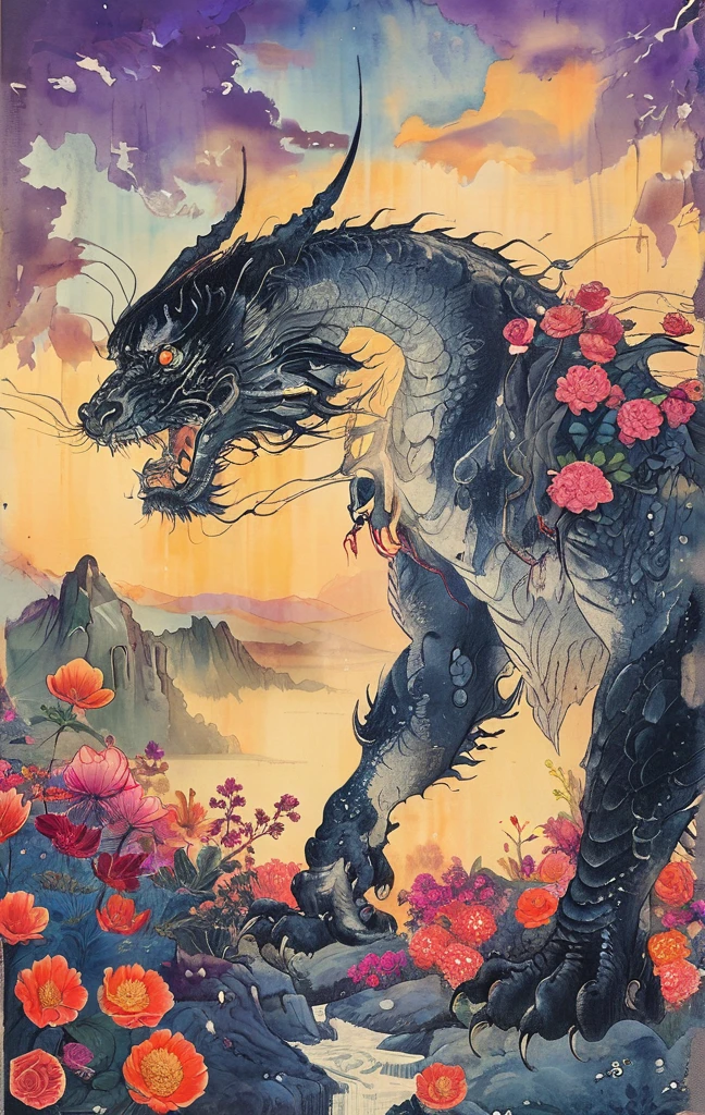 A white dragon lies in the middle of an endless field full of purple flowers, surrounded by snow-capped mountains and a blue sky sparkling with golden sunset rays. The whole scene is filled with a dreamy atmosphere, with vibrant colors and detailed background elements rendered in high resolution and detailed in a top quality illustration style. A girl with black hair and white eyes, dressed in dark , stands next to an anthropomorphic tiger, both looking at the camera. The background is adorned with intricate patterns of flowers and leaves., with a black color scheme, taken from a low angle shot, with high resolution and high detail, a masterpiece