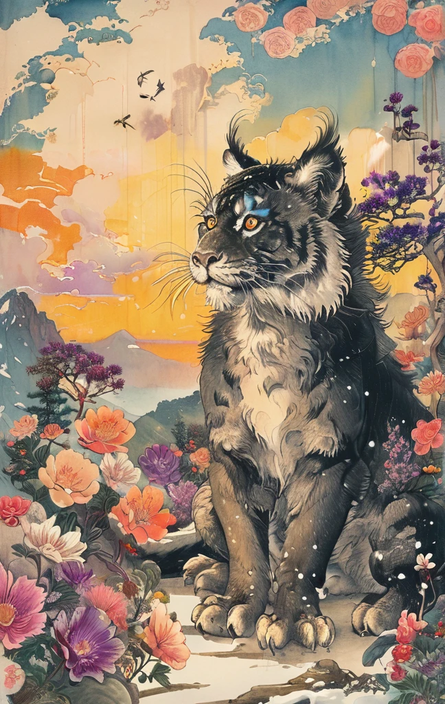 A white dragon lies in the middle of an endless field full of purple flowers, surrounded by snow-capped mountains and a blue sky sparkling with golden sunset rays. The whole scene is filled with a dreamy atmosphere, with vibrant colors and detailed background elements rendered in high resolution and detailed in a top quality illustration style. A girl with black hair and white eyes, dressed in dark , stands next to an anthropomorphic tiger, both looking at the camera. The background is adorned with intricate patterns of flowers and leaves., with a black color scheme, taken from a low angle shot, with high resolution and high detail, a masterpiece