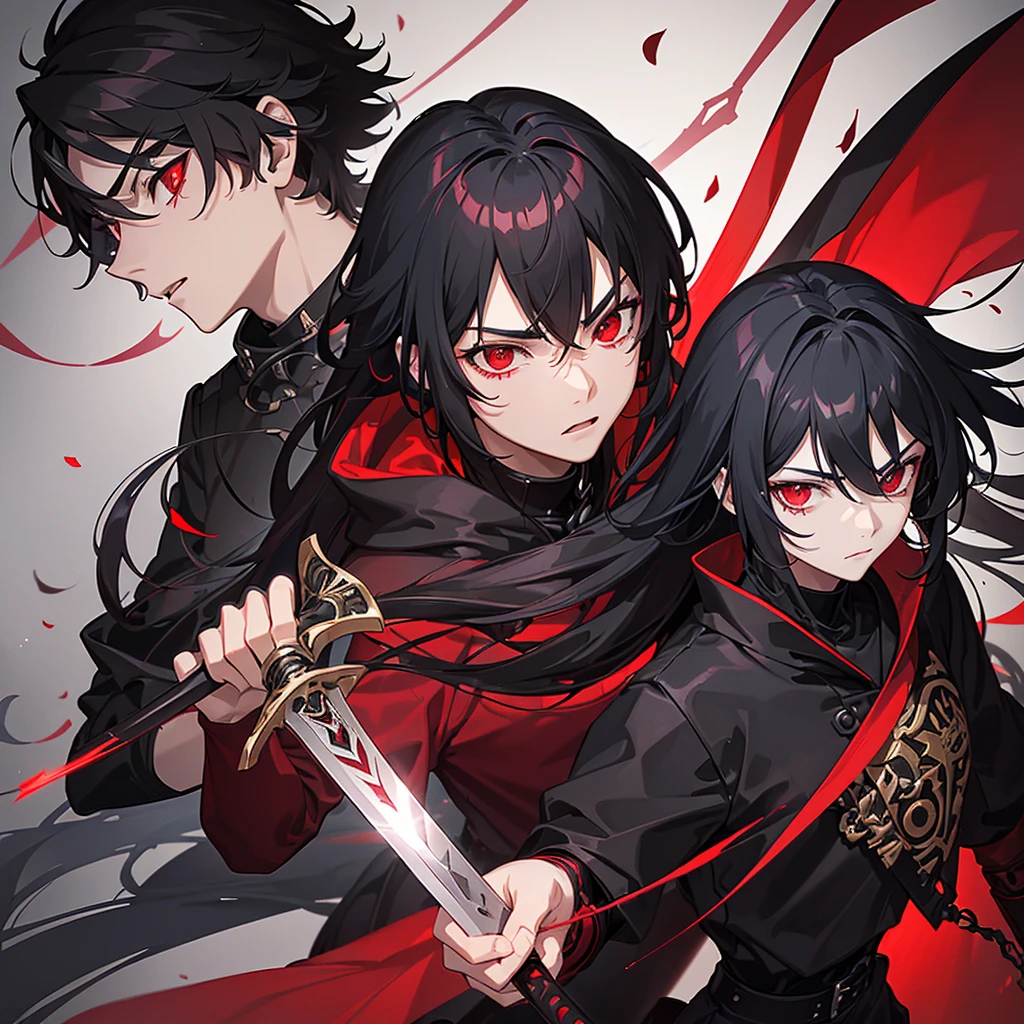 (a ),(black hair),(scarlet eyes),(red aura),(gloomy background),(holds a long black-bladed sword),(blade full of macabre and red eyes)