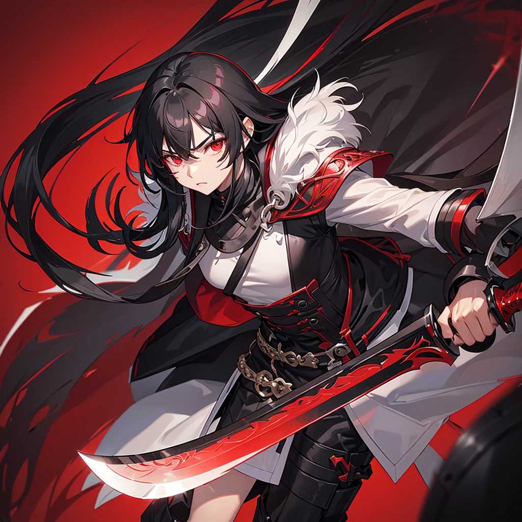 (a ),(black hair),(scarlet eyes),(red aura),(gloomy background),(holds a long black-bladed sword),(blade full of macabre and red eyes)