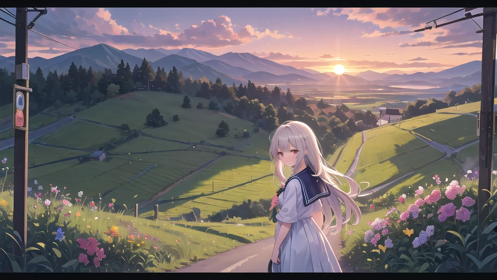 A country road at dusk, the soft orange sunset blending into the expansive sky. Spreading fields and lush green hills calmly greet the end of the day. The mountains visible in the distance are silhouetted by the light of the setting sun. Wildflowers blooming along the roadside sway in the breeze, giving off a faint scent.In such a scenery, a pretty girl wearing a sailor suit stands in front of a small wooden bus stop. Her long hair shines in the setting sun, and the shadows on her cheeks bring out her gentle expression. The girl's gaze is directed toward the distant horizon, and she seems to be lost in thought. In her hands, she holds a small bouquet of flowers, symbolizing her purity and beauty.In the silence of her surroundings, her presence blends into this rural landscape, capturing a moment that will remain in your heart. This scene evokes a sense of peace and nostalgia, as if time has stopped.