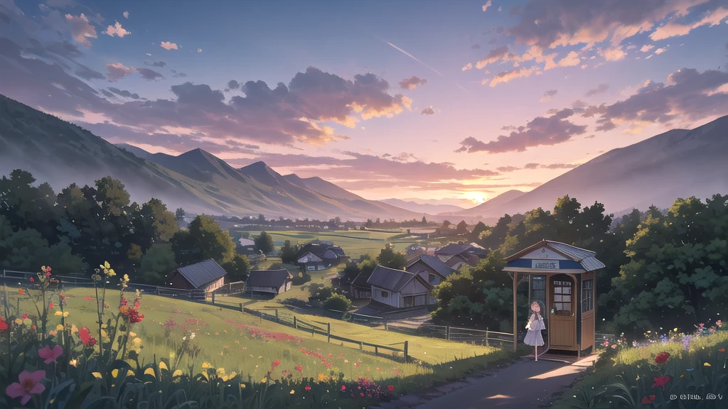 A country road at dusk, the soft orange sunset blending into the expansive sky. Spreading fields and lush green hills calmly greet the end of the day. The mountains visible in the distance are silhouetted by the light of the setting sun. Wildflowers blooming along the roadside sway in the breeze, giving off a faint scent.In such a scenery, a pretty girl wearing a sailor suit stands in front of a small wooden bus stop. Her long hair shines in the setting sun, and the shadows on her cheeks bring out her gentle expression. The girl's gaze is directed toward the distant horizon, and she seems to be lost in thought. In her hands, she holds a small bouquet of flowers, symbolizing her purity and beauty.In the silence of her surroundings, her presence blends into this rural landscape, capturing a moment that will remain in your heart. This scene evokes a sense of peace and nostalgia, as if time has stopped.