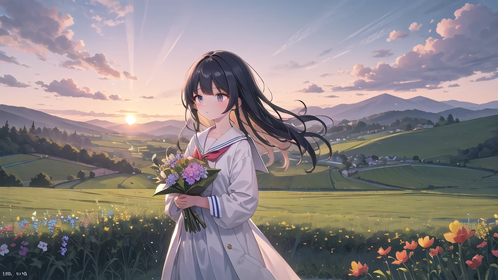 A country road at dusk, the soft orange sunset blending into the expansive sky. Spreading fields and lush green hills calmly greet the end of the day. The mountains visible in the distance are silhouetted by the light of the setting sun. Wildflowers blooming along the roadside sway in the breeze, giving off a faint scent.In such a scenery, a pretty girl wearing a sailor suit stands in front of a small wooden bus stop. Her long hair shines in the setting sun, and the shadows on her cheeks bring out her gentle expression. The girl's gaze is directed toward the distant horizon, and she seems to be lost in thought. In her hands, she holds a small bouquet of flowers, symbolizing her purity and beauty.In the silence of her surroundings, her presence blends into this rural landscape, capturing a moment that will remain in your heart. This scene evokes a sense of peace and nostalgia, as if time has stopped.