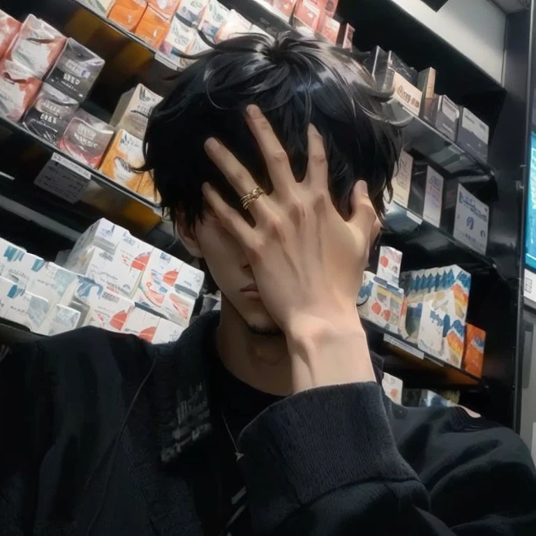 there is anime a man that is talking on the phone in a store, holding his hands up to his face, hands on face, hand over mouth, lo fi, low quality, lo-fi, lo - fi, distorted pose, distorted photo, distorted, sad mood, hands shielding face, lofi aesthetic, frustrated, male ulzzang