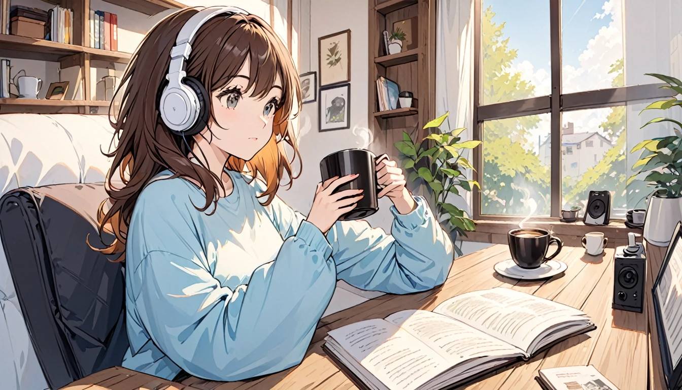 Girl wearing headphones,Drinking coffee from a mug while listening to jazz music,Brown Hair,relax