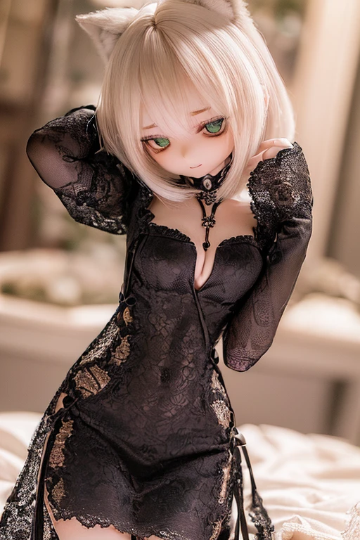 photorealistic, realistic photo, (sfw:2), ((highest quality)), ((masterpiece)), (extremely detailed), kukolnydom, doll, (mature woman:1.6), cowboy shot, solo, (skinny, slender, dress), green eyes, almond eyes, light smile, (model pose, looking away, blank eyes, empty eyes, detailed eyes, medium hair, wolf cut:1.3), museum, 8k