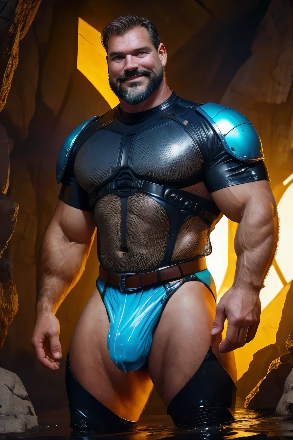 (handsome man), (50 yo), white man, wearing a speedo, wet speedo, dripping wet, bulge, (beefy:1.3), beard, looking at viewer, beautiful man, detailed eyes, symmetric face, smirk, robust, greying hair, sci-fi setting, on an alien planet, exotic alien foliage, wearing a pilot helmet, neon colors, stars visible, futuristic clear plastic armour (see-through!), elbows pads, holding a raygun, alien tentacles, kneepads, cool futuristic belt,