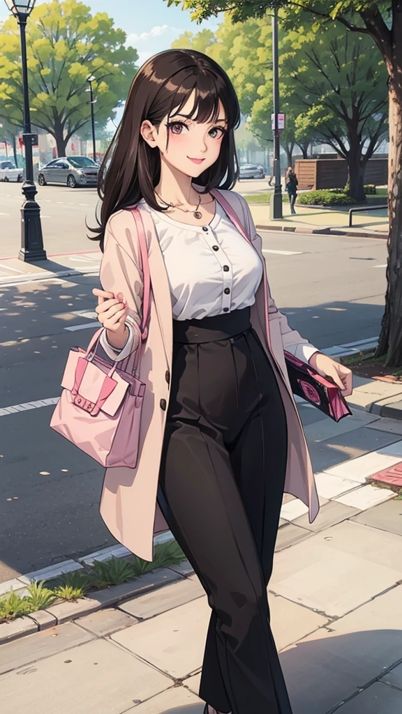 Woman. dark hair. eyes browns, social dress, walking in a park. smirk on face, a bag with magazines, libero, light pink lipstick, happy looking