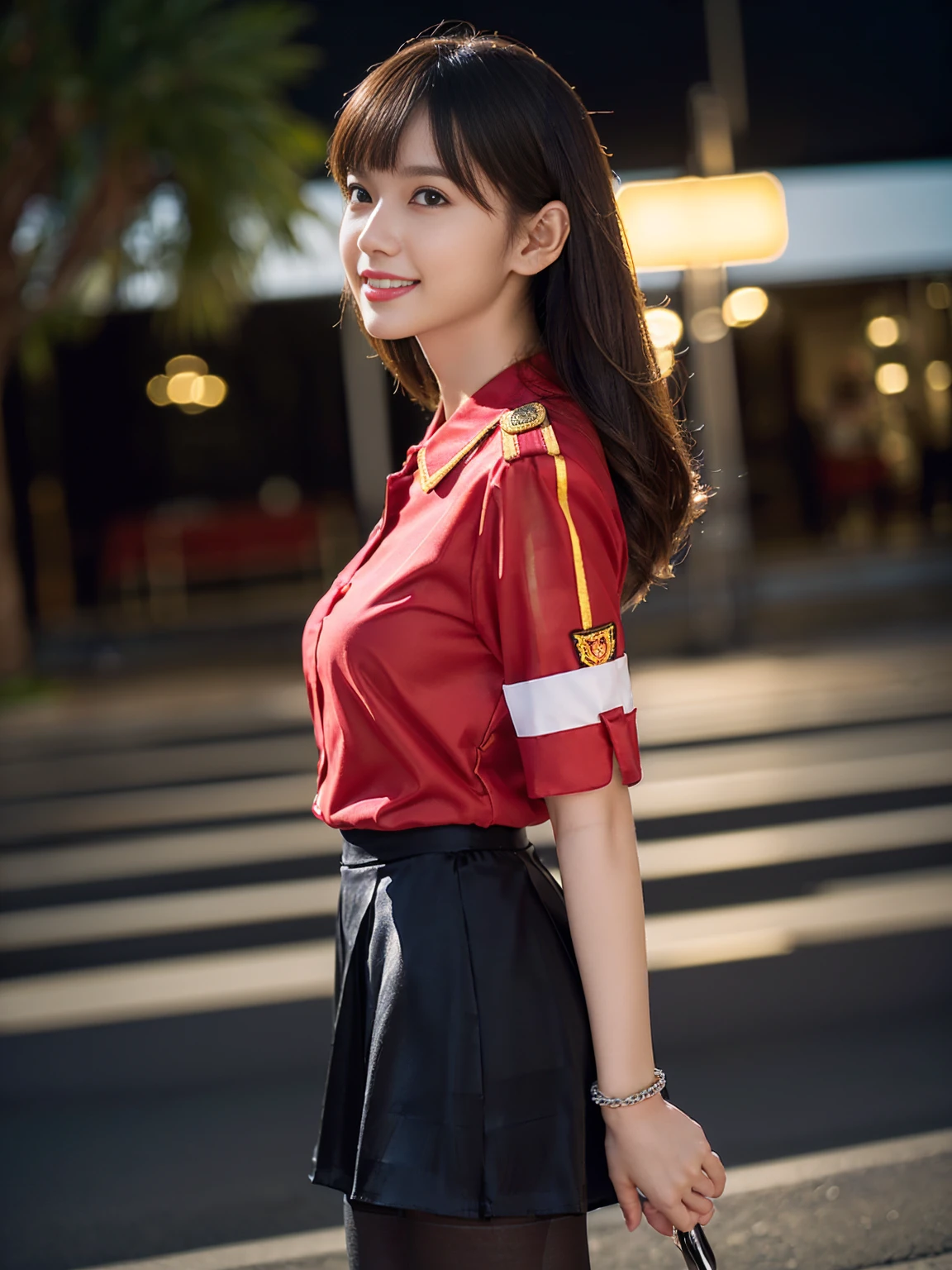 Biologically correct limb count))、(( Full body, including face))、4K、masterpiece、((Focus on the face))、((Symmetric, Well-proportioned facial features))、Delicate descriptive eyes、(((1 person)))、Beautiful woman、Excellent style、Well-proportioned body、、((Red Army Uniform、shirt、Check skirt,(High heels with anklets,Glossy Pantyhose)))、(((Coastal)))、(Smile and smile）、(Close-up photo of upper body from the side）、High Angle、Photo with white border、night、Walking posture、