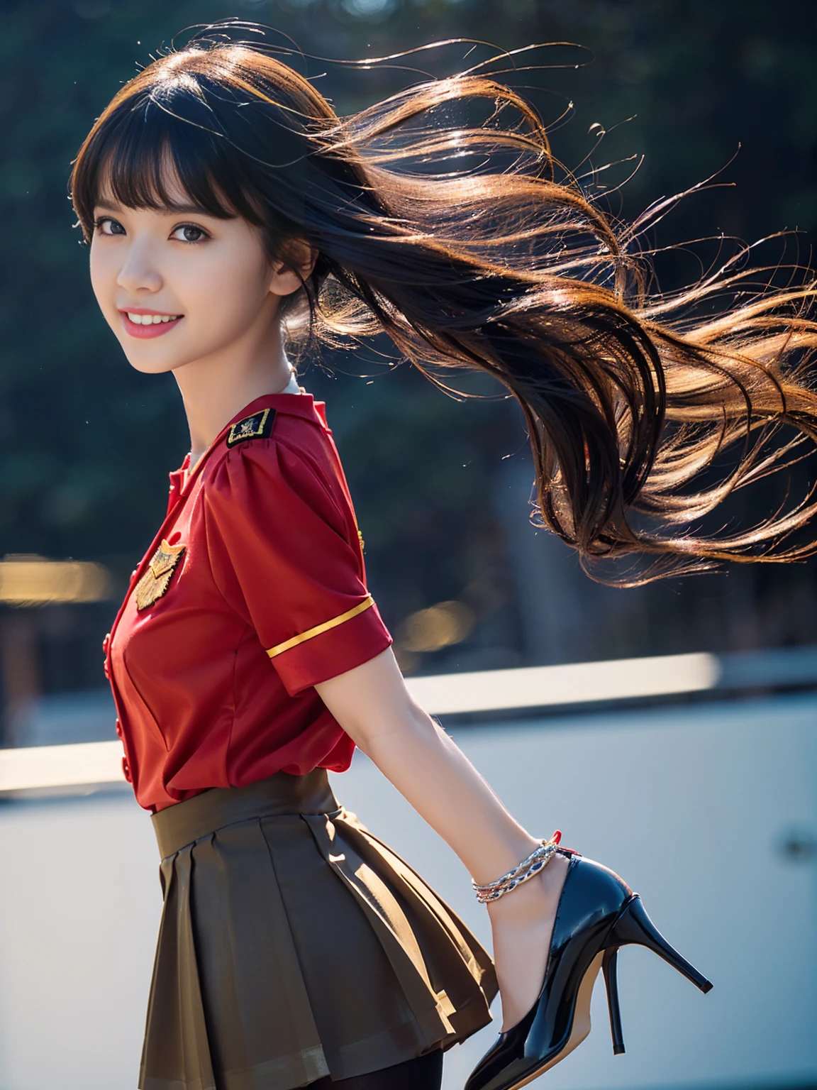 Biologically correct limb count))、(( Full body, including face))、4K、masterpiece、((Focus on the face))、((Symmetric, Well-proportioned facial features))、Delicate descriptive eyes、(((1 person)))、Beautiful woman、Excellent style、Well-proportioned body、、((Red Army Uniform、shirt、Check skirt,(High heels with anklets,Glossy Pantyhose)))、(((Coastal)))、(Smile and smile)、(Close-up photo of upper body from the side)、High Angle、Photo with white border、night、Walking posture、