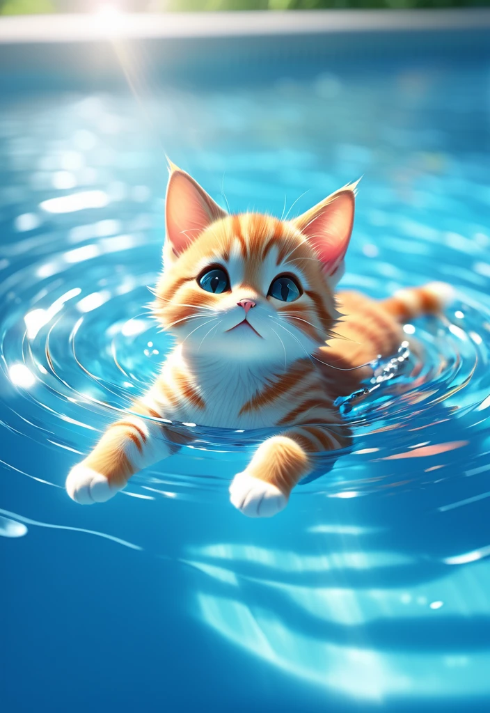 Japanese animation, panoramic, colorful, a small cat with open eyes backstroke in the pool, most of the picture shows water, cat accounts for a small part of the picture, water is light blue transparent and clear, water ripple texture is clear, light refraction, cat and water are not fuzzy, to HD,ï¼phone wallpaper size,HD,32k