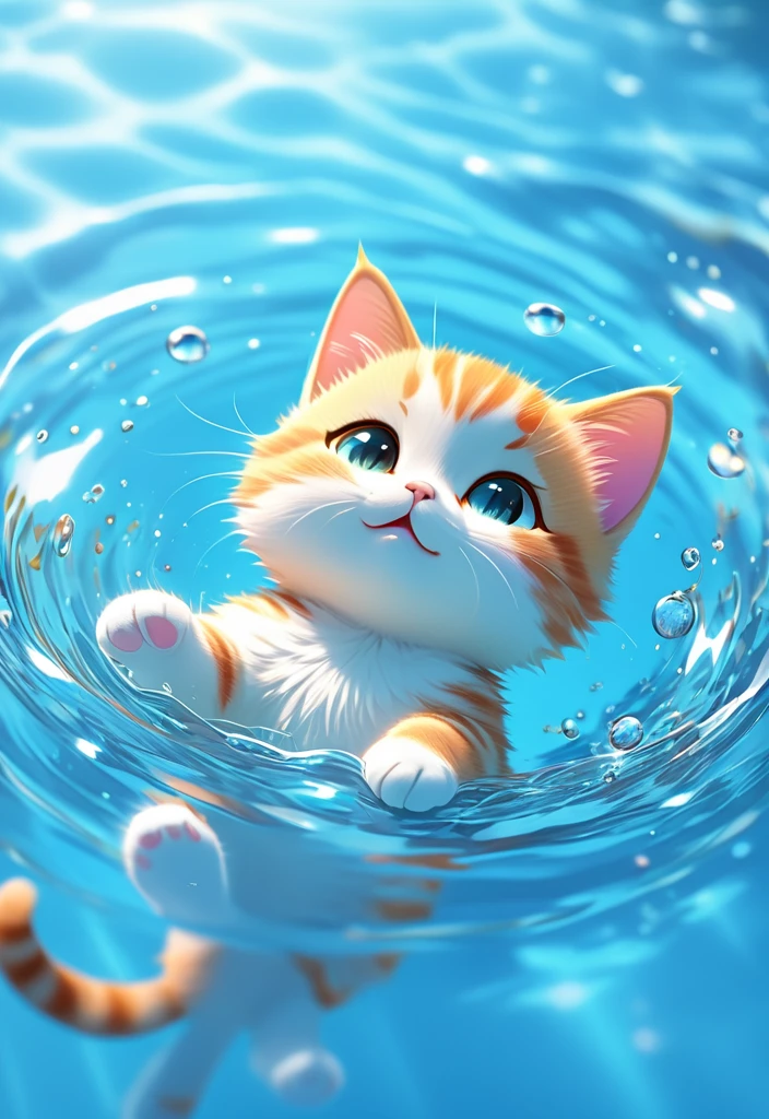 Japanese animation, panoramic, colorful, a small cat with open eyes backstroke in the pool, most of the picture shows water, cat accounts for a small part of the picture, water is light blue transparent and clear, water ripple texture is clear, light refraction, cat and water are not fuzzy, to HD,ï¼phone wallpaper size,HD,32k