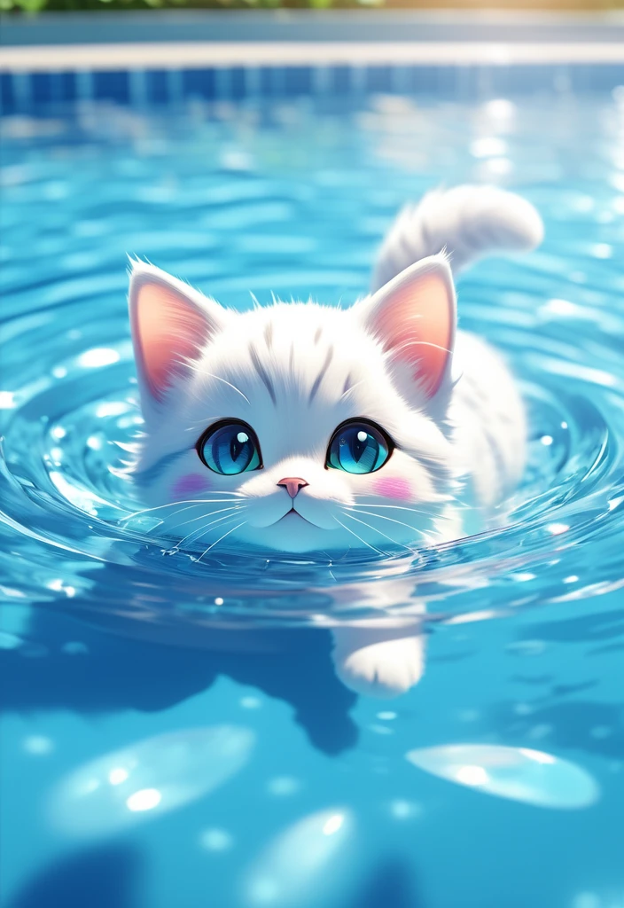 Japanese animation, panoramic, colorful, a small cat with open eyes backstroke in the pool, most of the picture shows water, cat accounts for a small part of the picture, water is light blue transparent and clear, water ripple texture is clear, light refraction, cat and water are not fuzzy, to HD,ï¼phone wallpaper size,HD,32k